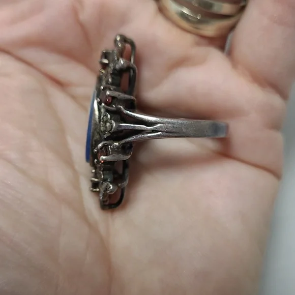 Gothic Blue Cameo And Garnet 925 ss Ring 7.5 jewelry - Picture 7 of 10